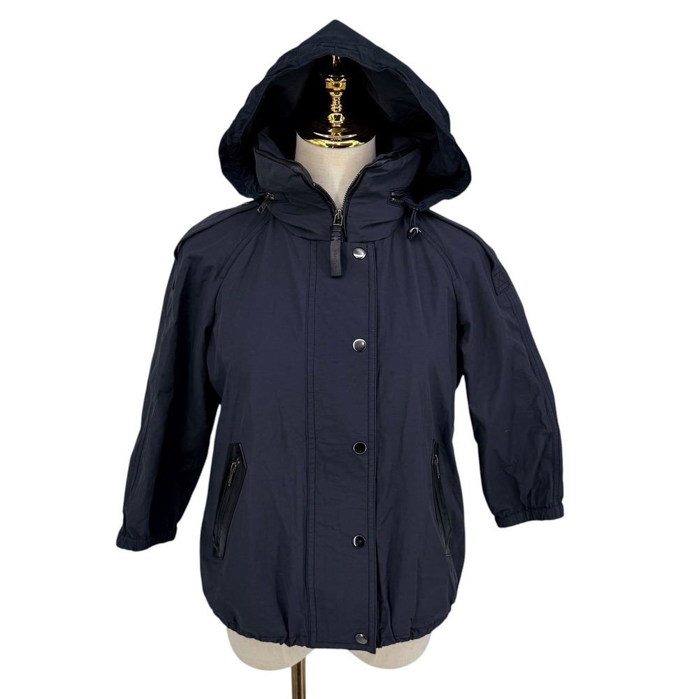 Mackage Military Urban Windbreaker Jacket S Blue Hooded Leather Trim Epaulettes